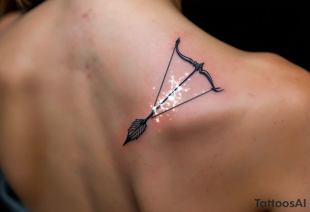 A Sagittarius bow and arrow with the constellation embedded in glowing white ink across the shaft, surrounded by midnight blue. tattoo idea
