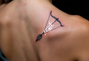 A Sagittarius bow and arrow with the constellation embedded in glowing white ink across the shaft, surrounded by midnight blue. tattoo idea