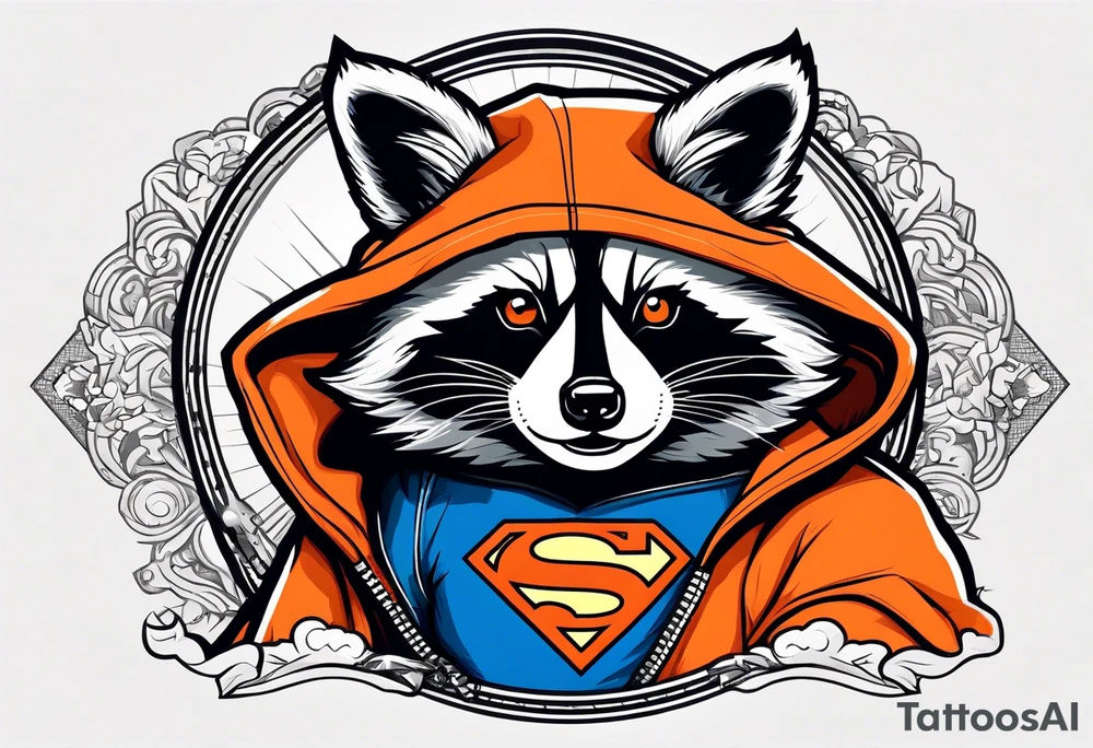 Raccoon wearing an orange Superman hoodie tattoo idea