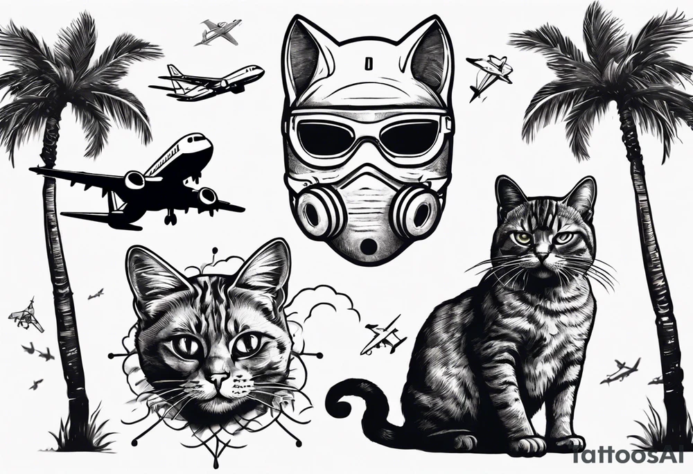 cat in a mask with palm trees and airplanes in the background tattoo idea