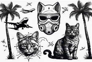 cat in a mask with palm trees and airplanes in the background tattoo idea