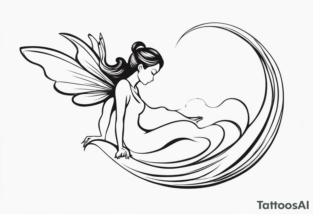 Minimalistic, monochromatic fairy with a tail flying to the left in a fetal position, leaning and looking in the same direction, with visible hands, embodying the 'Fairy Tail' logo aesthetic. tattoo idea