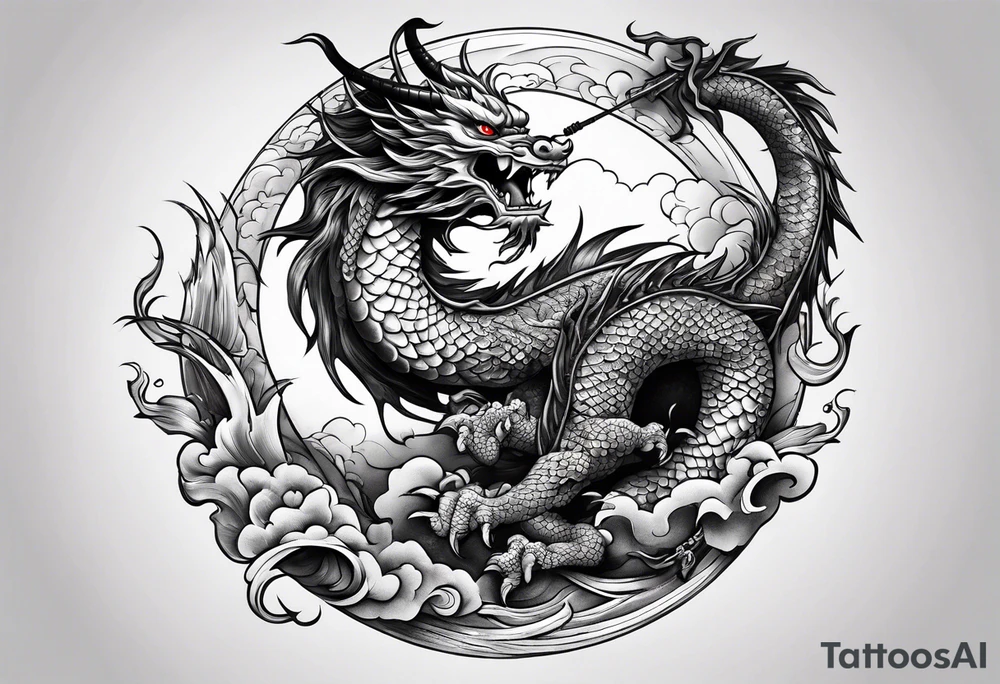 Japanese Dragon with a katana sword and the moon tattoo idea