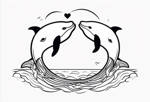 Two cartoon cute whales making heart with tails tattoo idea
