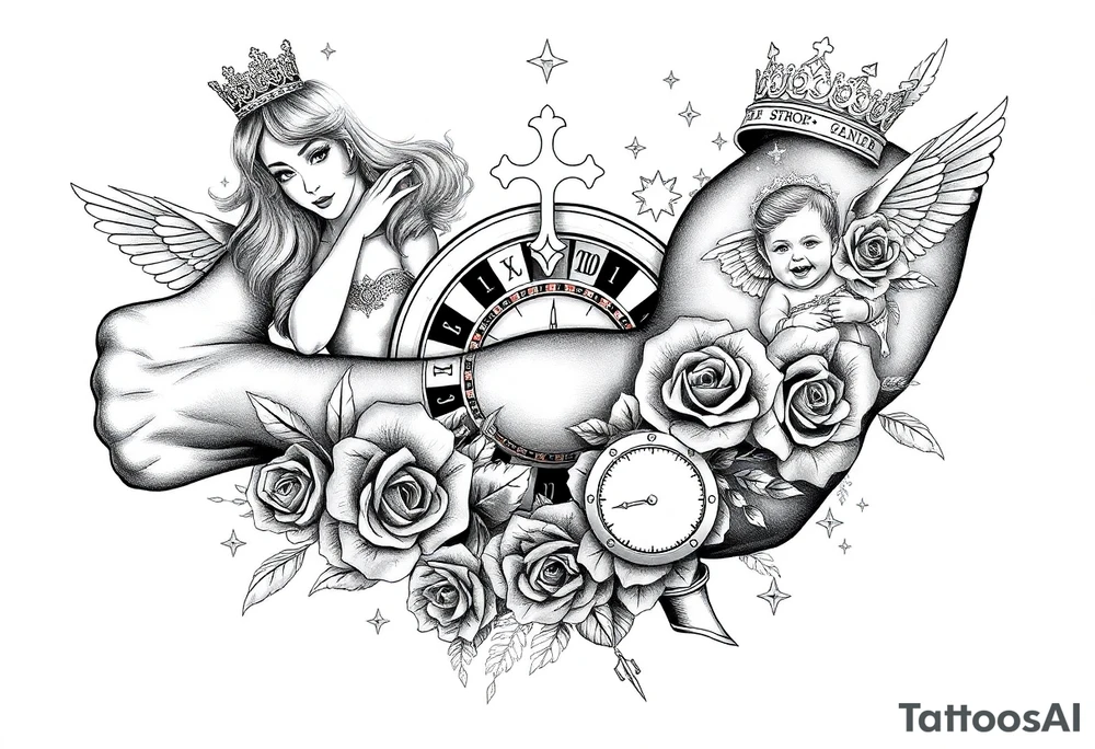 Roulette casino and princess and cross, baby angels, roses and clock and stars and fish, crown tattoo idea