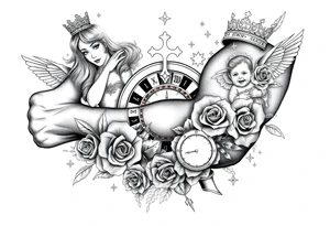 Roulette casino and princess and cross, baby angels, roses and clock and stars and fish, crown tattoo idea