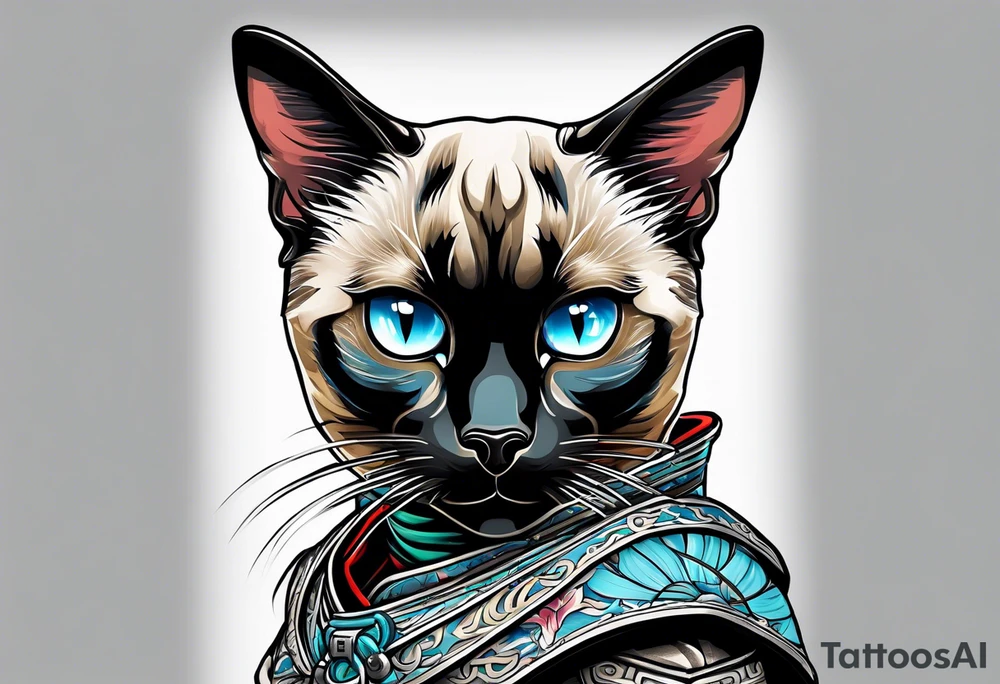A siamese cat in ronin armor tattoo idea