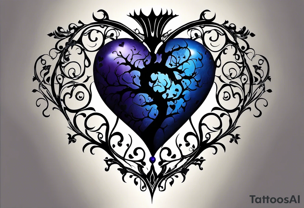 Central image: Anatomical blue heart with black filigree or thorns
Style: Gothic, with dark purples, blues, and blacks as the primary color scheme.
Elements:
 * Cherry blossoms with wispy petals winding around the heart or hourglass.
 * Black hourglass with silver or white sand above the heart.
 * Banner below the heart with the inscription "nankurunaisa" in a gothic script.
 * Brain and skull intertwined with gears or clockwork details.
 * Black butterfly with blue or purple accents near the cherry blossoms.
 * Dark swirling clouds with lightning bolts. tattoo idea