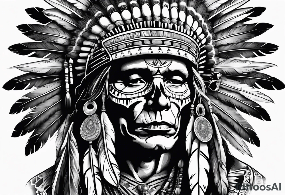 Native American wearing Headress Skeleton Praying tattoo idea