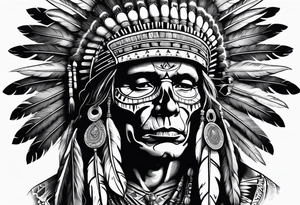 Native American wearing Headress Skeleton Praying tattoo idea