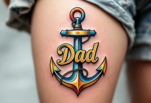 A colorful anchor with “Dad” in old-school lettering and gold shading. tattoo idea