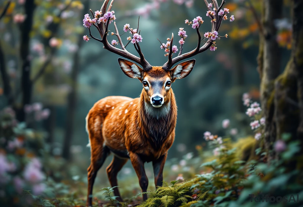 A majestic deer standing in a serene forest, its antlers gracefully stretching outward, adorned with delicate branches and small, blooming flowers in shades of lavender and soft pink. The deer’s fur is a rich chestnut brown with subtle highlights of caramel and cream, giving it a lifelike texture. Its eyes are deep and soulful, shaded in warm amber tones. Around its feet, gentle green ferns and soft moss create a peaceful, natural atmosphere. tattoo idea