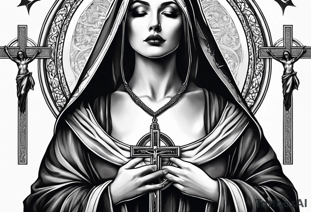 Nun holding upside down crucifix tattoo idea