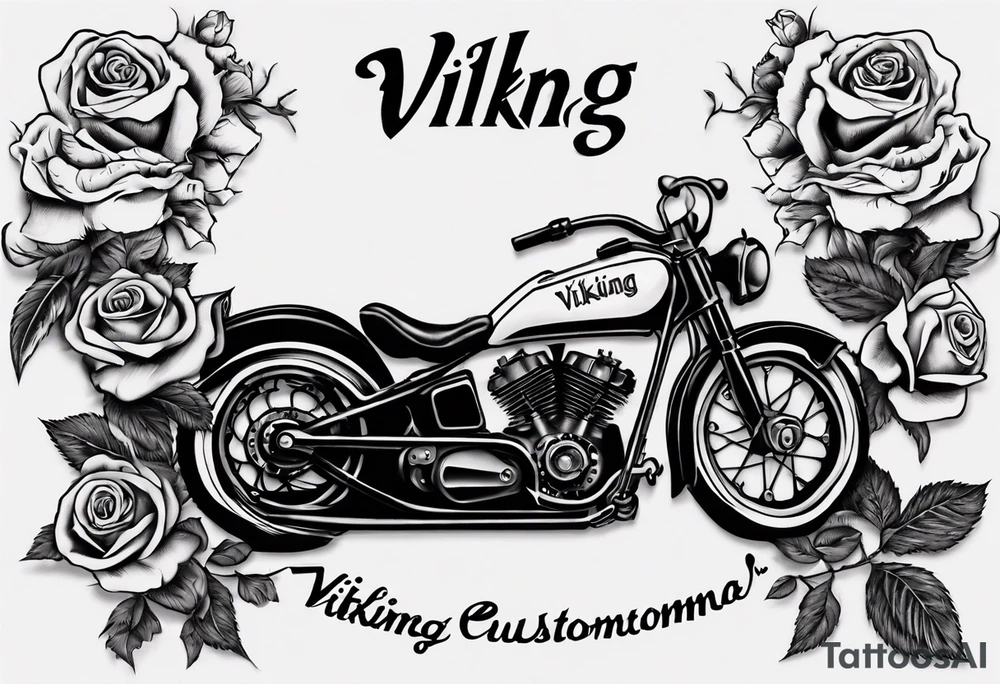 I want a tattoo of an old classic motorcycle  and a skeleton with roses in the back with the name “Viking Customs” incorporated in the design tattoo idea