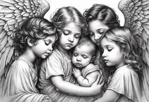 Six angels praying together. Three boy angels,  and three girl angel, with their wings gently unfolding a baby angel in a protective embrace tattoo idea