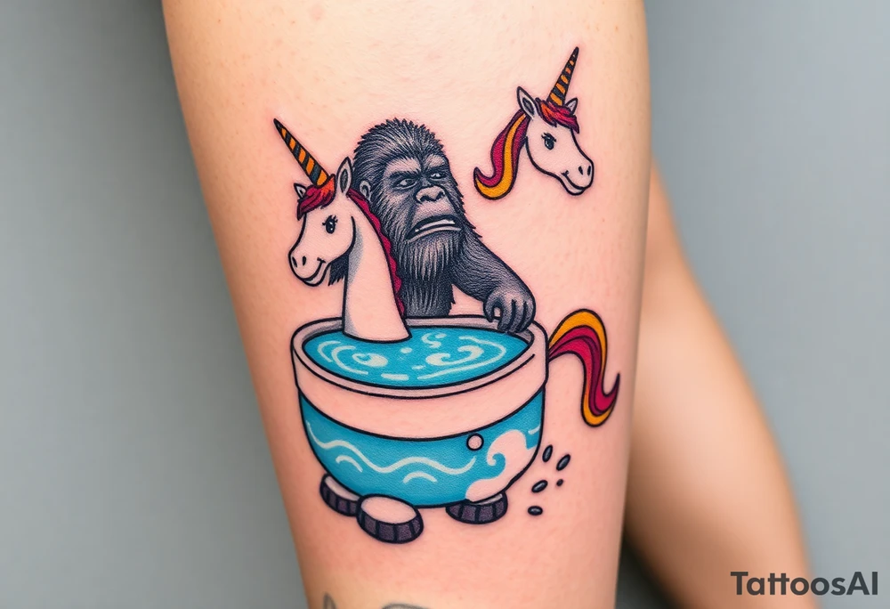 Bigfoot wearing a unicorn pool tube full leg piece 
Funny tattoo idea