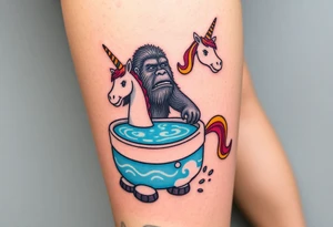 Bigfoot wearing a unicorn pool tube full leg piece 
Funny tattoo idea