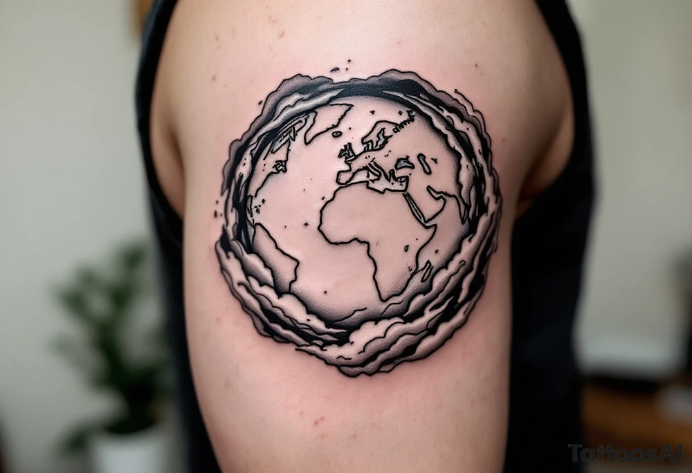 A stylized Earth with swirling clouds in gray and hints of pale blue circles the upper arm. tattoo idea