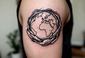 A stylized Earth with swirling clouds in gray and hints of pale blue circles the upper arm. tattoo idea