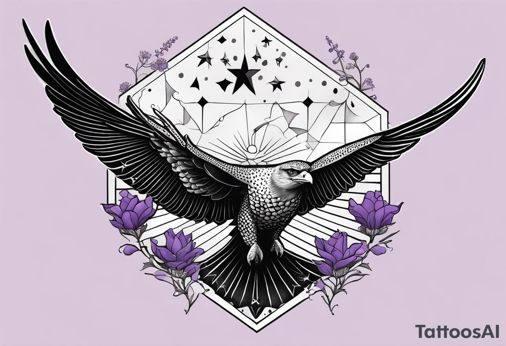 Eagle, with spotted eagle ray and lavender flowers eith the year 1978-2022 tattoo idea