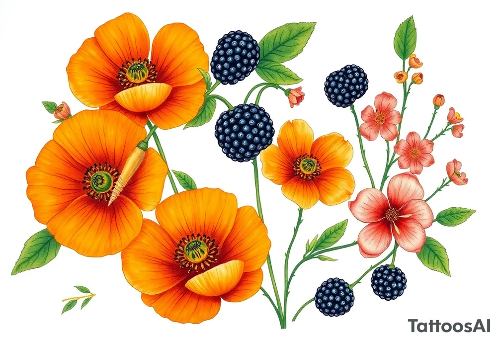 California wildflowers, poppies, and an actual orange fruit and orange blossoms. Blackberries plant/flower. tattoo idea