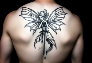 powerful fae fairy holding a sword at a battle big back peice tattoo idea