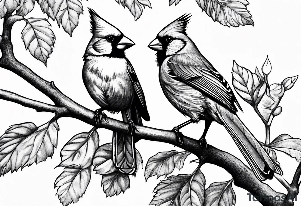 Masculine, cardinal on branch, realistic, upper arm, black and white, Hungarian tattoo idea