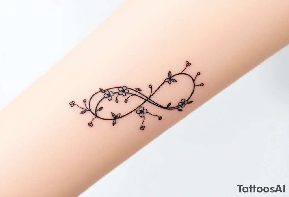 An infinity symbol including family sign made of intertwined vines, with delicate flowers blooming along its curves tattoo idea