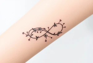 An infinity symbol including family sign made of intertwined vines, with delicate flowers blooming along its curves tattoo idea