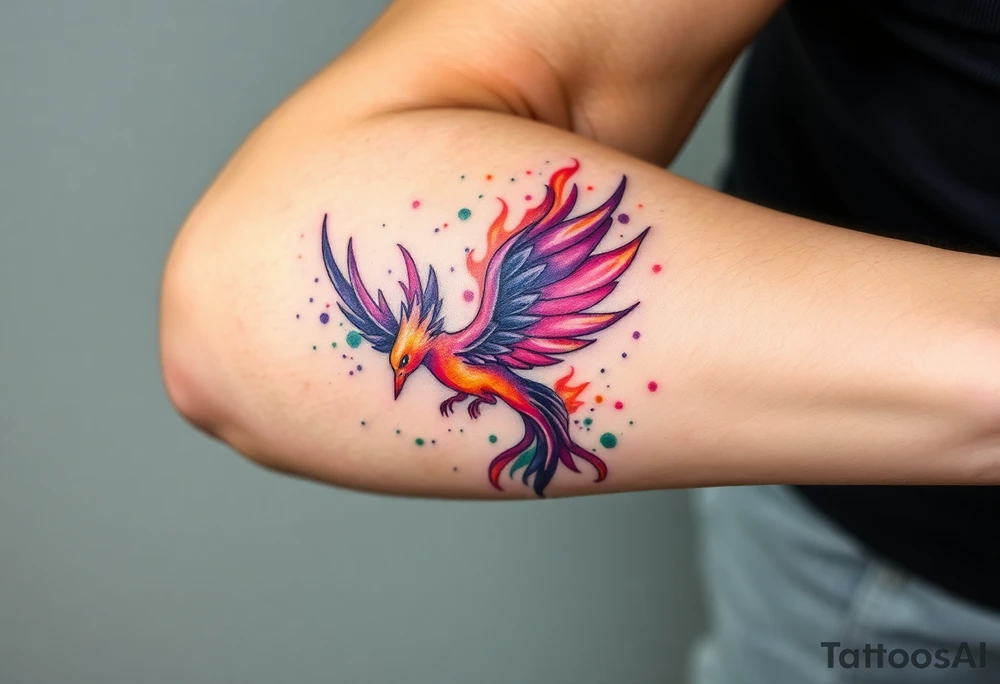 Phoenix being born with blazing flames with purple and green splashes tattoo idea