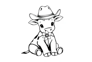 cute black and white baby cow sitting wearing a cowboy hat with a flower in mouth tattoo idea