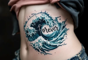 A wave crashing through the word "forever", done in deep ocean blues and seafoam white. tattoo idea