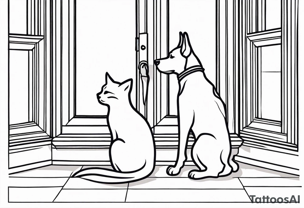 dog and cat sitting on floor and looking out tall octagonal window together tattoo idea