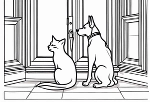 dog and cat sitting on floor and looking out tall octagonal window together tattoo idea