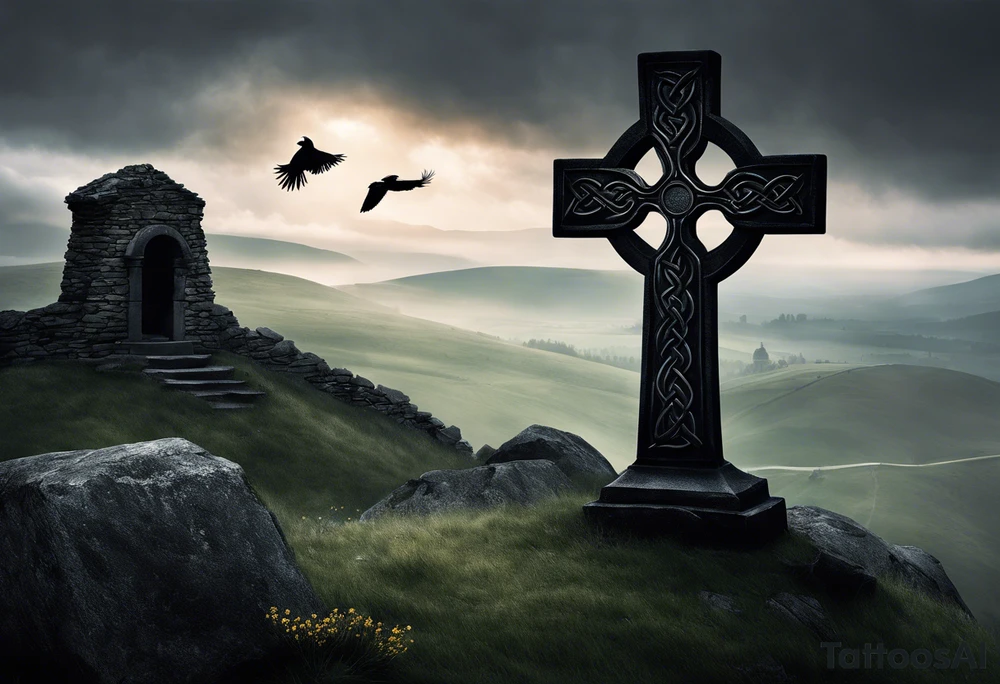 A stone Celtic cross solemnly standing atop a hill, a raven perches atop the cross staring out over the desolation. A ruined stone wall lies crumbling near the cross. Mist rolls along the hilltops adding to the melancholic nature of the scene tattoo idea