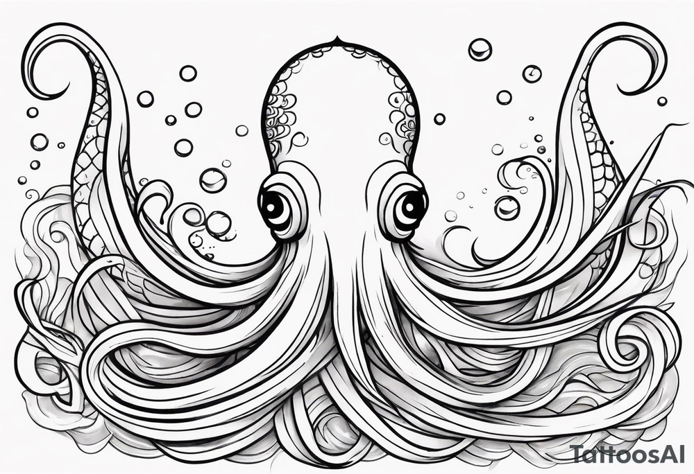 Tribal half sleeve. octopus surrounded by ribbons of water waves filled with fish. the octopus has no eyes. Use thick lines only with less detail. tattoo idea