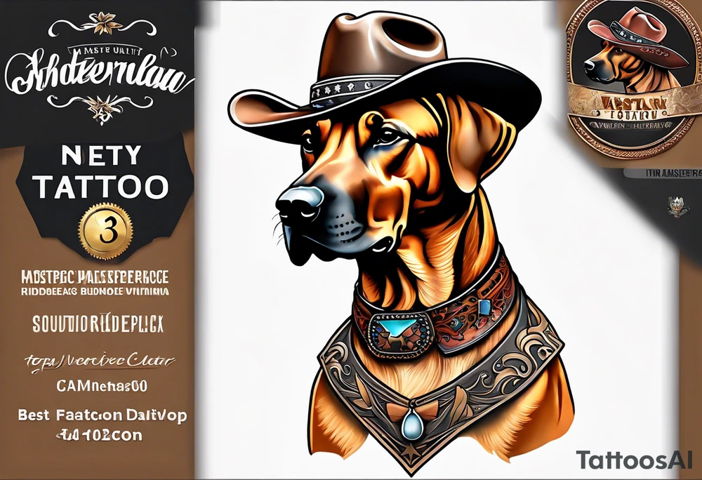 Western themed Rhodesian ridgeback wearing a cowboy hat tattoo idea