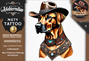 Western themed Rhodesian ridgeback wearing a cowboy hat tattoo idea