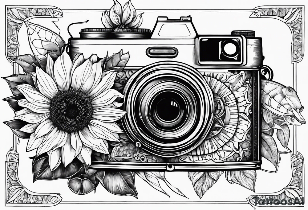 Géométric, sunflower, book, camera, fish tattoo idea
