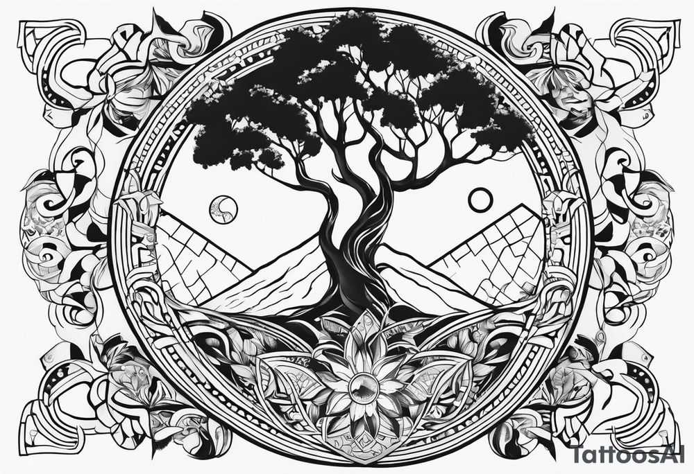 spiritual feminine tattoo for sleeve without faces, just sun and moon, tree of life and powerful symbols tattoo idea