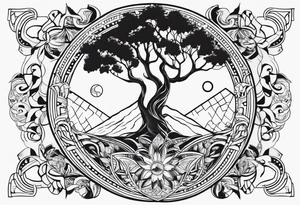 spiritual feminine tattoo for sleeve without faces, just sun and moon, tree of life and powerful symbols tattoo idea