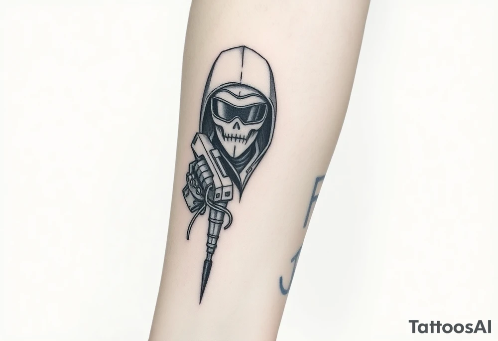 Tattoo for the top side of the forearm, black and gray, flash, hacker computer tech tattoo idea