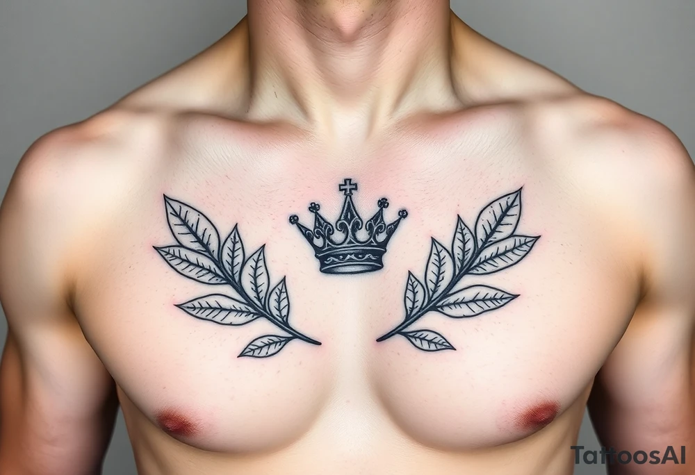 Chest tattoo, two bay leaf and crown between tattoo idea