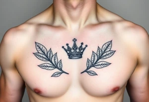 Chest tattoo, two bay leaf and crown between tattoo idea