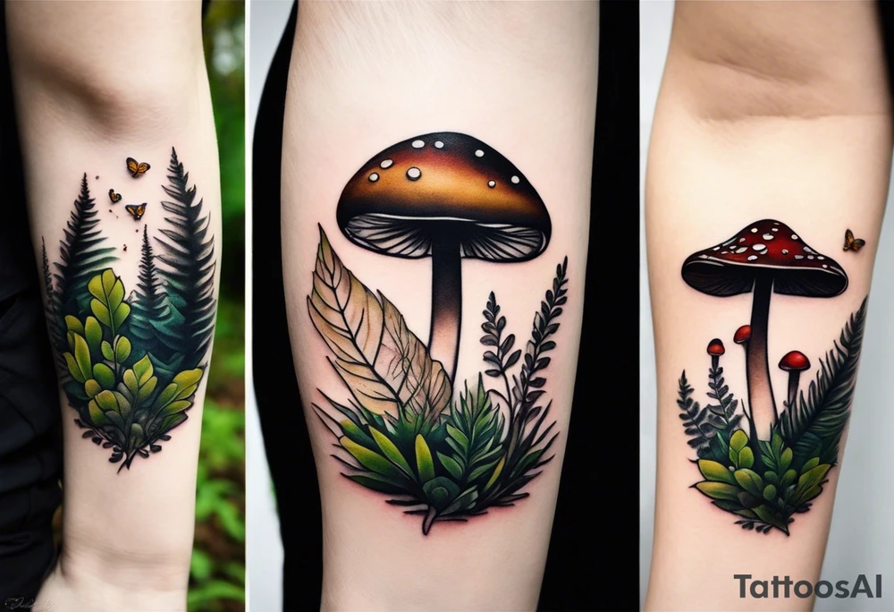 minimalistic forest floor inspired tattoo, which includes grass, moss, curly ferns and dead leaves as the bulk of the tattoo. details to include: forest berries, couple of very small brown mushrooms, a tiny bumblebee flying nearby tattoo idea