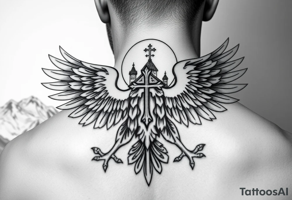 i am looking at getting a russian / serbian style double headed eagle like the coat of arms spread out on my back neck across my shoulders / traps in a orthodox christian church style setting with a sun beaming and in a mountainous setting, such as a Sovereign of the Mountain and an orthodox church in the background with the russian orthodox cross spire of the orthodox church being visible on my neck with a sun beaming in the background that the cross sits inside tattoo idea