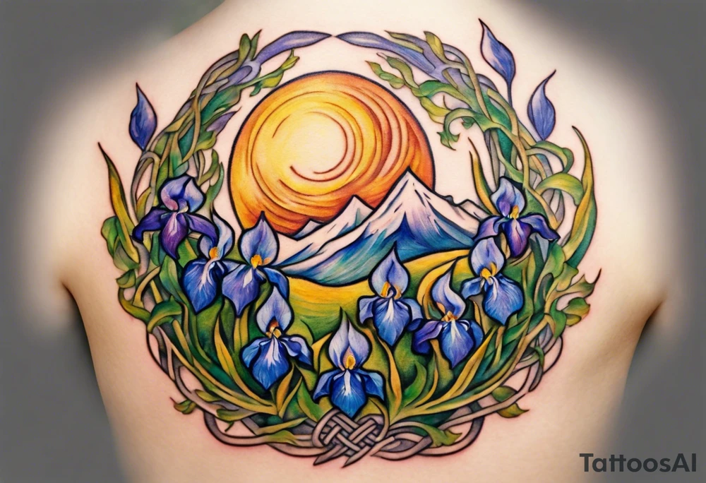 Create a small, colorful Vincent van Gogh Irises tattoo in the form of a crescent, with vines in Celtic knot style gracefully intertwining at a central point in the middle of the wreath. The intended placement is on the upper chest. The middle needs mountains. The overall design should be small in size while maintaining a delicate and artistic aesthetic. Pay attention to the graceful flow of the vines and the placement of the irises to achieve a refined and elegant look. tattoo idea