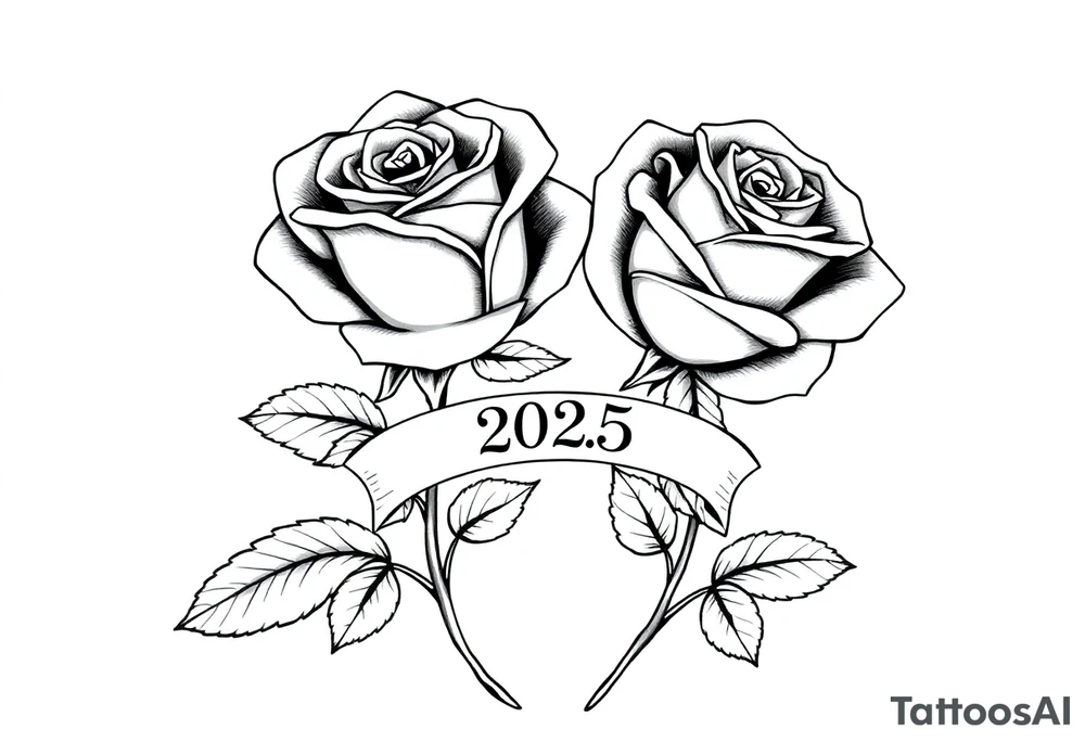 two beautiful large rose buds, one larger than the other, with many leaves next to the rose buds, with one sitting higher than the other. Include a banner connecting the two roses with the year "2025" on it.   Use dark outlines with little shading. The two stems should be short, not long, and connect and join into one stem, whimsically curved or twisted - not straight down. tattoo idea