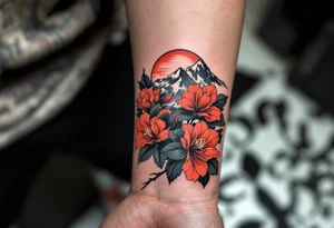 wrap around entire wrist red  and black rhododendron trippy with Himalayas behind tattoo idea