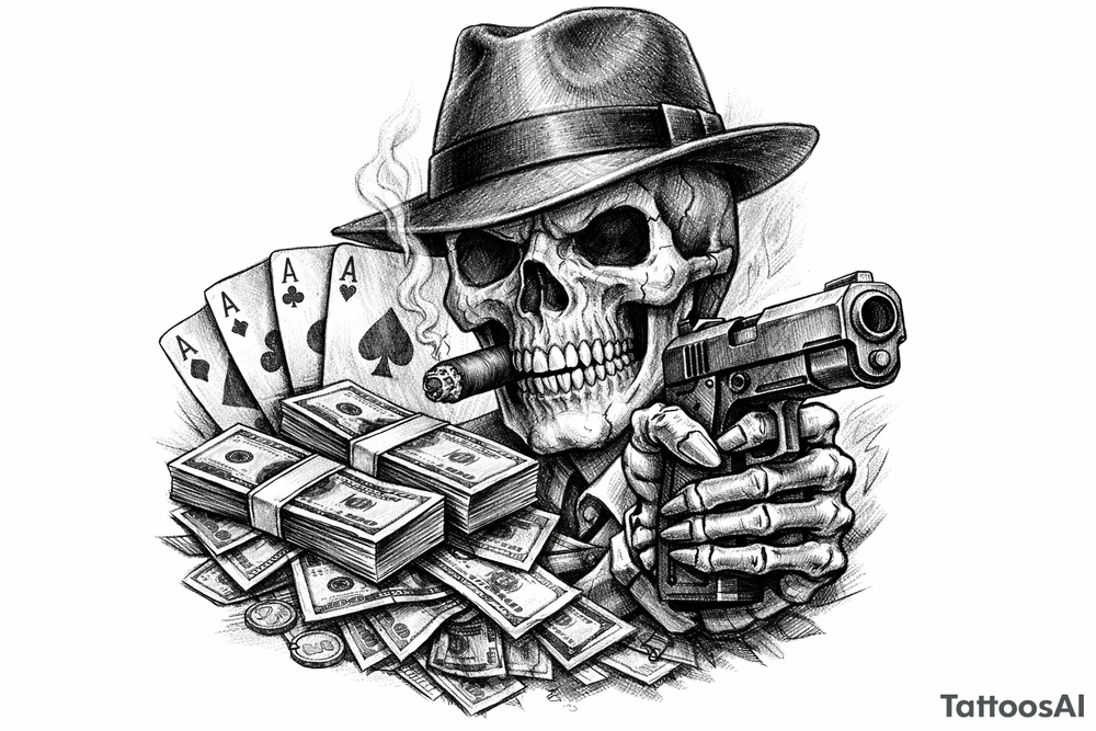 skull with gangster-hat,cigar in his mouth,gun in a skeleton-hand,playing cards,a lot of money. tattoo idea